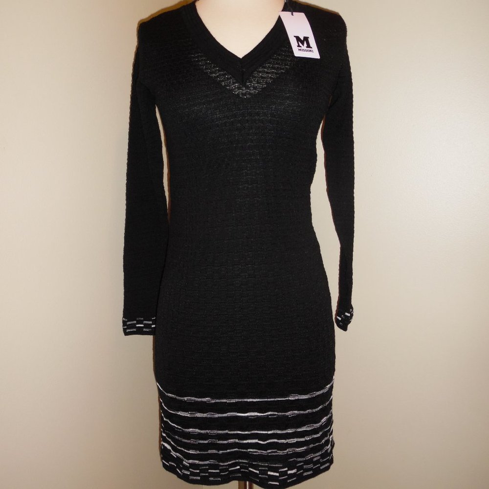 Missoni Black Knit Longsleeve Merino Wool V-neck Sweater Weave Casua Dress‎ 2 XS